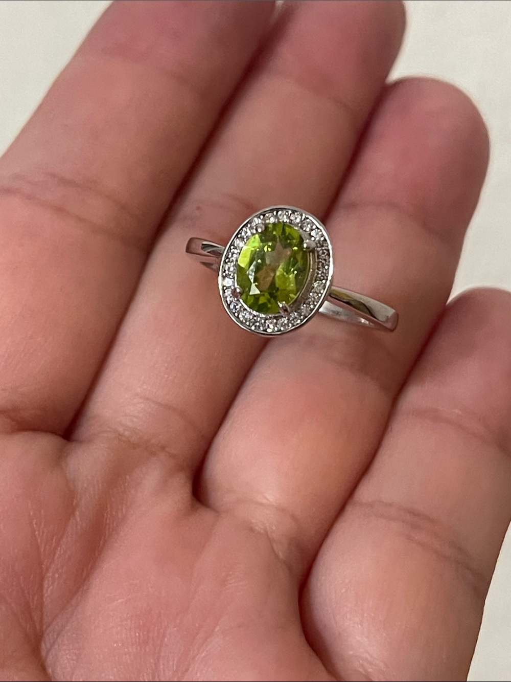 Natural Peridot Halo 925 Sterling Ring Oval cut Size 7